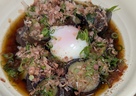 揚げ出汁茄子、のっけ温玉ヒハツ掛け